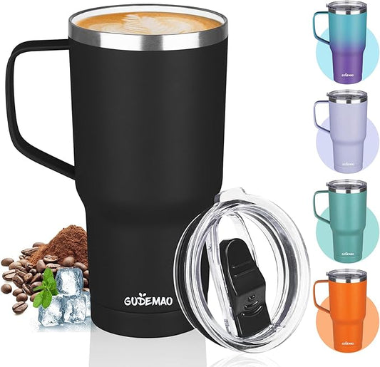 20 oz Insulated Coffee Mug with Ceramic Coating, Stainless Steel Travel Mug Tumbler with Handle Lid and Straw, Double Wall Leak-Proof Coffee Travel Mug Keeps Drink Hot and Cold (Black)