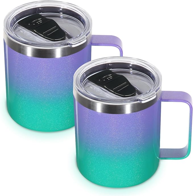 Volhoply 14oz Insulated Stainless Steel Coffee Mug with Lid Bulk 2 Pack,Double Wall Vacuum Travel Coffee Cup with Handle,Reusable Cups Tumbler,Camping Mugs Keep Hot,Ideal Gifts(Purple Green,2)