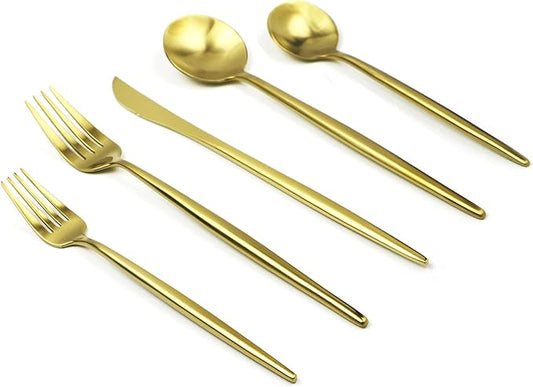 5-Pieces Luxury Gold 18/10 Stainless Steel Flatware Set, Matte Finish, Service for 1