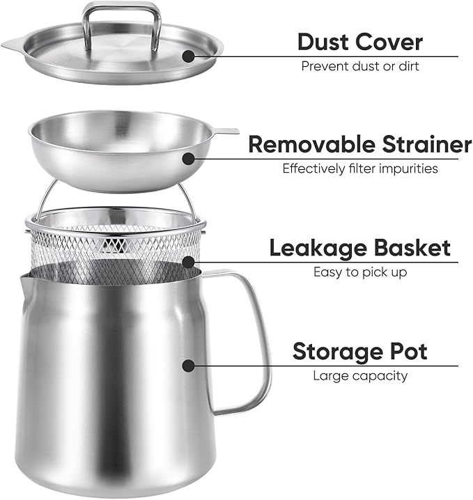 Bacon Grease Container with Strainer, 304 Stainless Steel Grease Container for Kitchen with Dust-proof Lid & Basket, Dishwasher Safe Cooking Oil Container, 68oz/2L