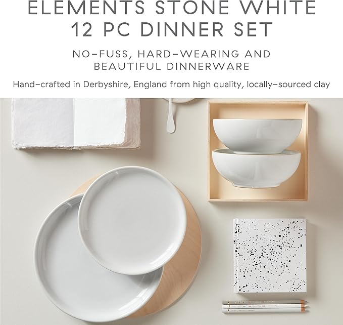 Denby - Elements Stone White Dinner Set For 4-12 Piece Simple Ceramic Stoneware Tableware Set - Dishwasher Microwave Oven Safe - Scratch Chip Resistant