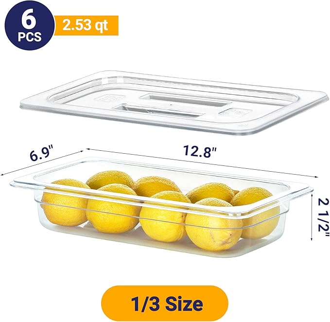 6 Pack NSF Food Pans with Lids, 1/3 Size 2.6'' Deep Commercial Food Storage Containers, Polycarbonate, Clear