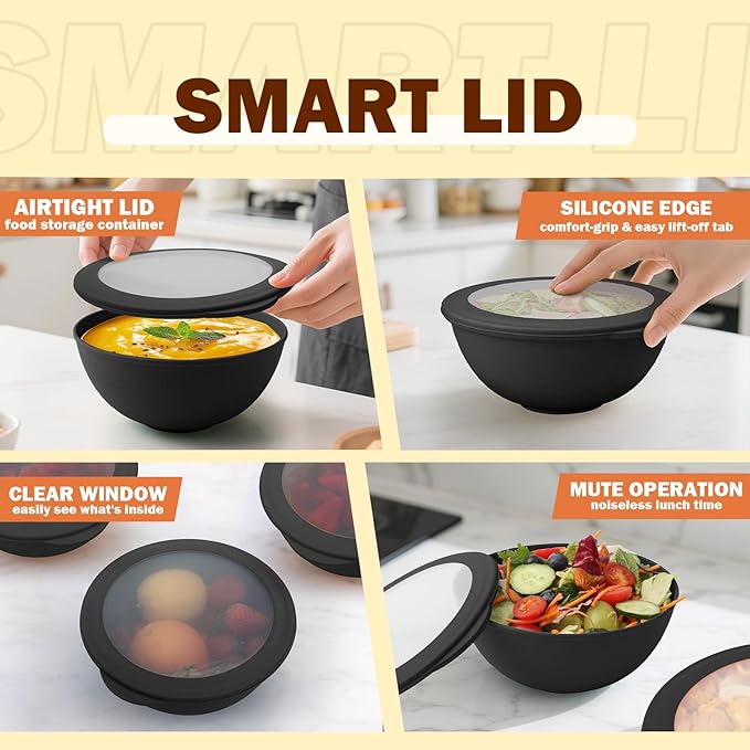 40 OZ Unbreakable Cereal Bowls with Lids, Wheat Straw Bowls Set of 4 with Unique Pattern, Reusable Plastic Bowl for Cereal, Soup, Salad and Ramen, Indoor & Outdoor Essentials, Black