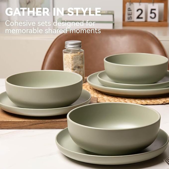 12-Piece Matte Green Dinnerware Set,Stoneware Dinnerware for 4, Microwave & Dishwasher Safe, Stackable Design for Kitchen and Dining - Plates and Bowls