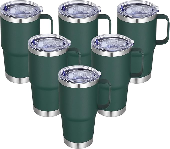 20 oz Stainless Steel Tumbler with Handle Bulk Metal Insulated Tumblers Travel Coffee Mug with Handle Double Wall Tumbler Cup with Lid and Straw, Dark Green 6 Pack