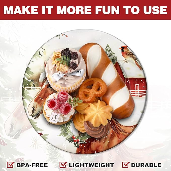 6 Pcs Christmas Reusable Melamine Dinner Plates 8 Inch Christmas Theme Round Plates Xmas Dishes Dinnerware Set for Salad Pasta Xmas Birthday Party Supplies Gifts (Horse)