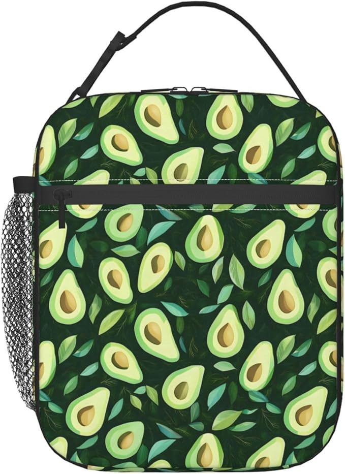 Avocado and Leaf Lunch Box for Teen Kids, Cartoon Reusable Thermal Lunchbag, Picnic, School, Hiking, Fishing, Fruit Insulated Tote Cooler Bags for Adults Women Decor Gifts, Summer Theme