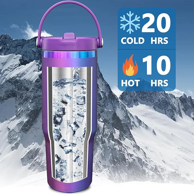 30 oz Tumbler with Handle and Straw, Vacuum Insulated Tumblers with Flip Straw and Top Handle, Leakproof Powder Coated Tumbler, Stainless Steel Travel Mug for Coffee Water (BluePurple, 1 Pack)