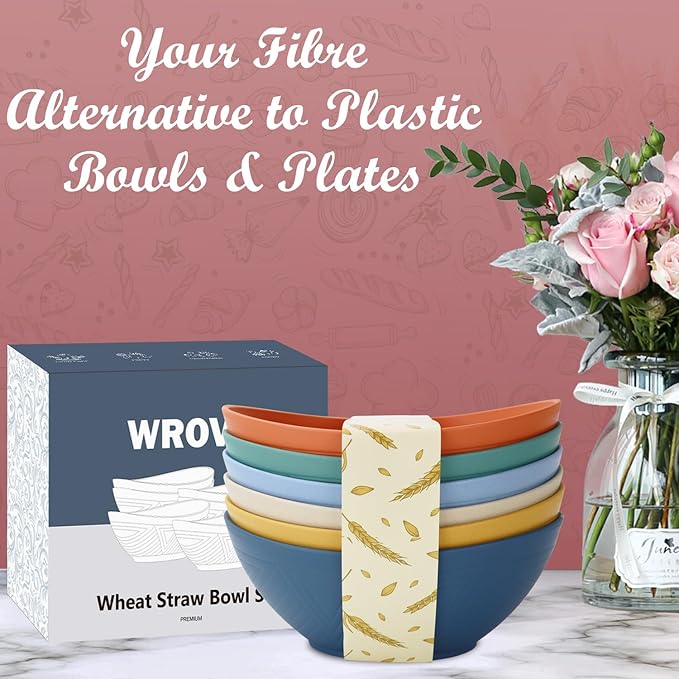 Wrova 65oz Big Salad Bowls - Large Wheat Straw Bowls set of 6 - Unbreakable Serving Bowls - Microwave & Dishwasher Safe Bowl for Cereal,Salad - Vibrant Series