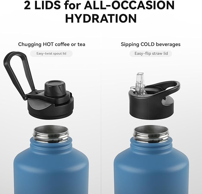 64 oz Insulated Water Bottle with Straw & Spout Lids, Stainless Steel Metal Half Gallon Water Jug with Paracord Handle, Double Wall Vacuum, Leakproof, Keep Drinks Cold & Hot, Blue Black Gradient