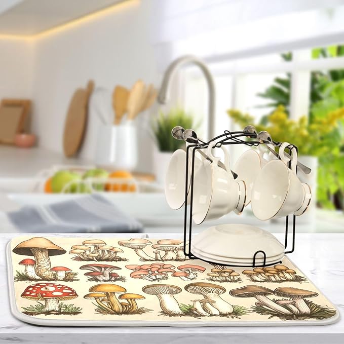 Retro Types and Shapes Mushrooms Dish Drying Mat for Kitchen Counter Super Absorbent Dishes Pad Reversible Microfiber Protector Dish Draining Mats 18x24 inch