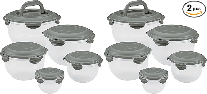 Rachael Ray Leak-Proof Nestable Container Food Storage Bin Set, 10-Piece, Clear with Gray Lids (Pack of 2)