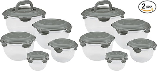 Rachael Ray Leak-Proof Nestable Container Food Storage Bin Set, 10-Piece, Clear with Gray Lids (Pack of 2)