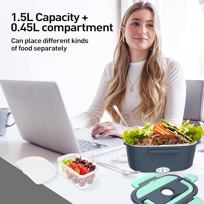 APSARAS Electric Lunch Box 60-80W Food Heater, 3in1 Ultra Quick Heated Lunch Boxes for Adults, 12V/24V/110V Portable Food Warmer for Car/Truck/Office With SS Fork Spoon and Insulated Carry Bag(green)