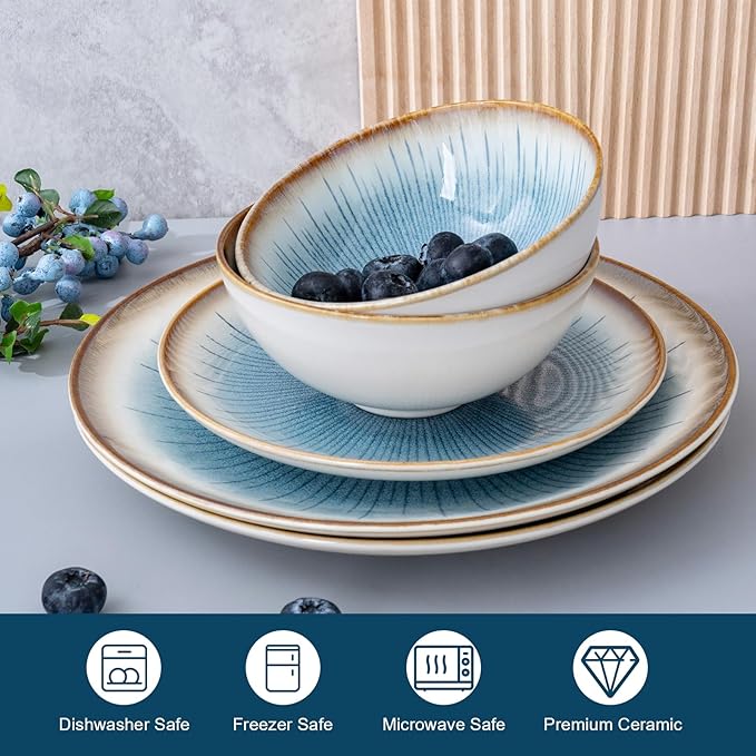 Blue Stoneware Dinnerware Set, 12 Pieces, Blue Stripe Marble, Dishwasher & Microwave Safe