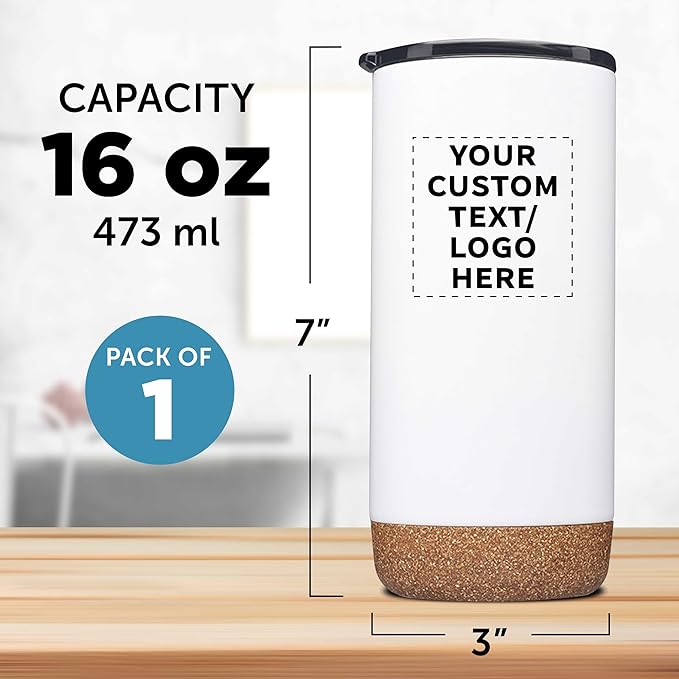 DISCOUNT PROMOS Custom Travel Tumblers with Cork Bottom 16 oz. Set of 1, Personalized Bulk Pack - Double Wall Insulated, Matte Finish, Perfect for Iced Coffee, Soda, Other Beverages - White
