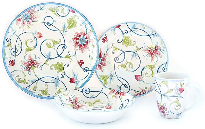 Tudor Royal Collection 24-Piece Round Dinnerware Set, Service for 6, Botanical Design, Summer Flowers, Plates Bowls Mugs Dishes, High-Gloss Premium Quality