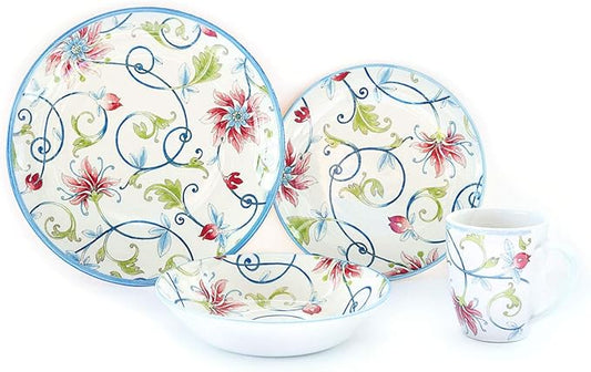 Tudor Royal Collection 24-Piece Round Dinnerware Set, Service for 6, Botanical Design, Summer Flowers, Plates Bowls Mugs Dishes, High-Gloss Premium Quality