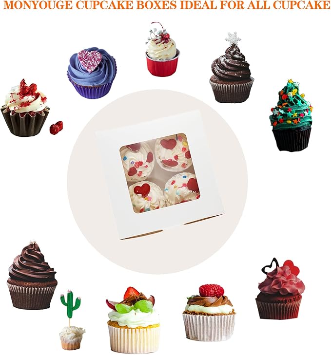 50-Set Cupcake Boxes Bulk with Clear Display Window Hold 4 Standard Cupcakes, Disposable Food Grade White Cupcake Carrier Cupcake Container, Perfect for Cupcakes Muffins Cookies Pastries