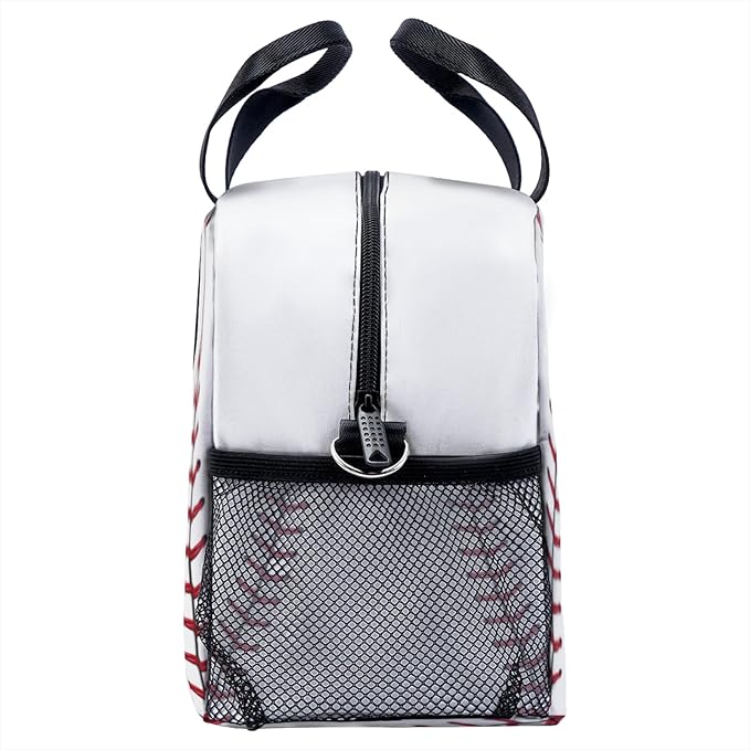 Baseball Pattern Lunch Bag for Women Men Cute Large Capacity Thermal Lunch Tote Reusable Washable with Adjustable Shoulder Strap and Dual Large Mesh Side Pockets