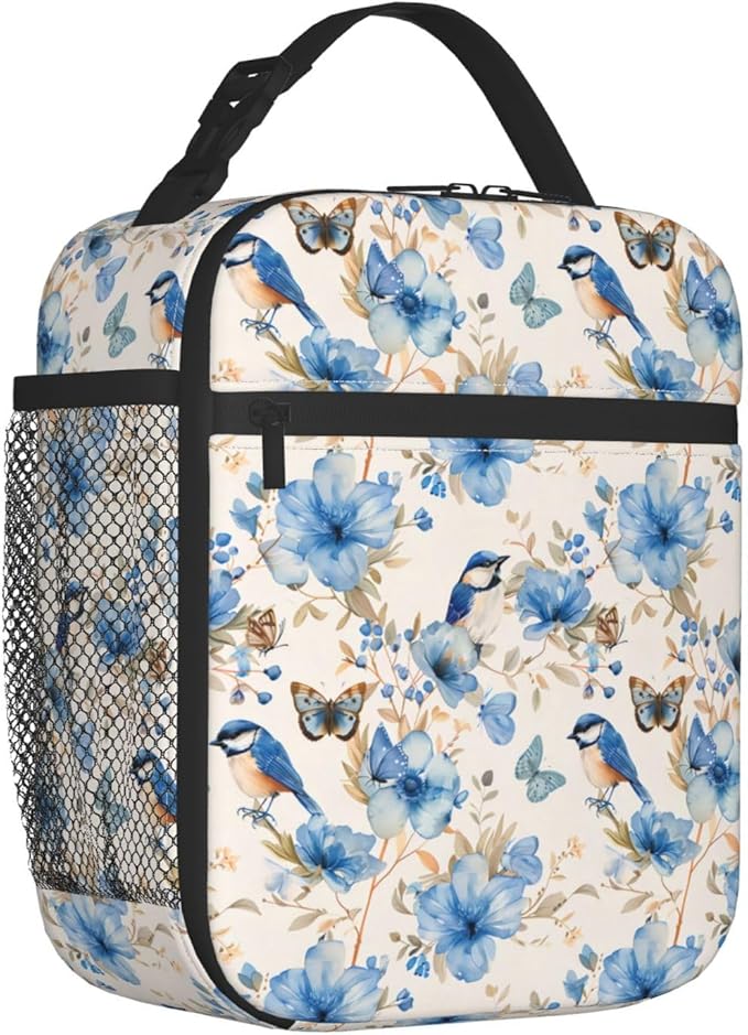 Reusable Blue Floral and Bird Lunch Box for Kids Girls Boys Women Adult, Insulated Elegant Watercolor Lunch Bag,Polyester Cooler Handbags Case for School Picnic Work Travel Beach or Hiking
