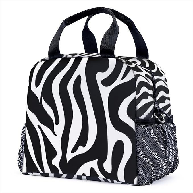 Zebra Black and White Stripes Lunch Bag for Women Men Cute Large Capacity Thermal Lunch Tote Reusable Washable with Adjustable Shoulder Strap and Dual Large Mesh Side Pockets