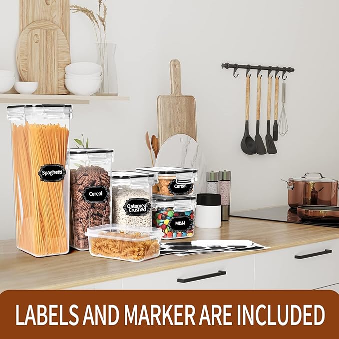 PRAKI Airtight Food Storage Containers with Lids, 12PCS Plastic Kitchen Storage Containers for Pantry Organizers and Storage - Cereal, Rice, Flour and Sugar Containers with Labels & Marker