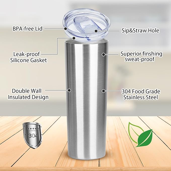 20 oz Skinny Tumblers with Lid and Straw,Stainless Steel Vacuum Insulated Tumbler Cup Double Wall Travel Coffee Mug, Thermal Water Tumbler for Hot and Cold Drinks(Silver,8)