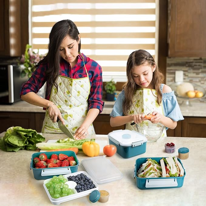3 Pack Salad Lunch Box Food Storage Containers, 47oz Bento Box To Go Container with Lids, Meal Prep Containers with Removable Tray & Dressing Pots for Kids and Adults, Reusable and Microwave Safe