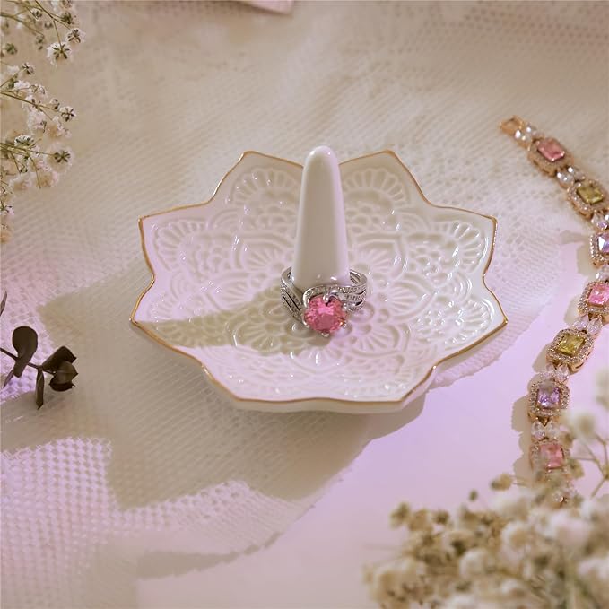 Ceramic Mandala Ring Holder, Decorative Jewelry Dish, Trinket Tray Room Decor, Engagement Wedding Birthday Gifts for Women (white)