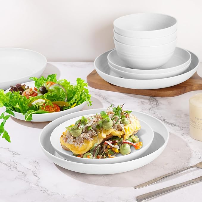 White Plate Set Dishes Set for 8 includes Dinner Plates,Pasta Bowls,Soup Bowls and Drinking Cups,Unbreakable White Dining Dishware Sets Microwave Dishwasher Safe For Kitchen Dorm Office Outdoor,32PCS