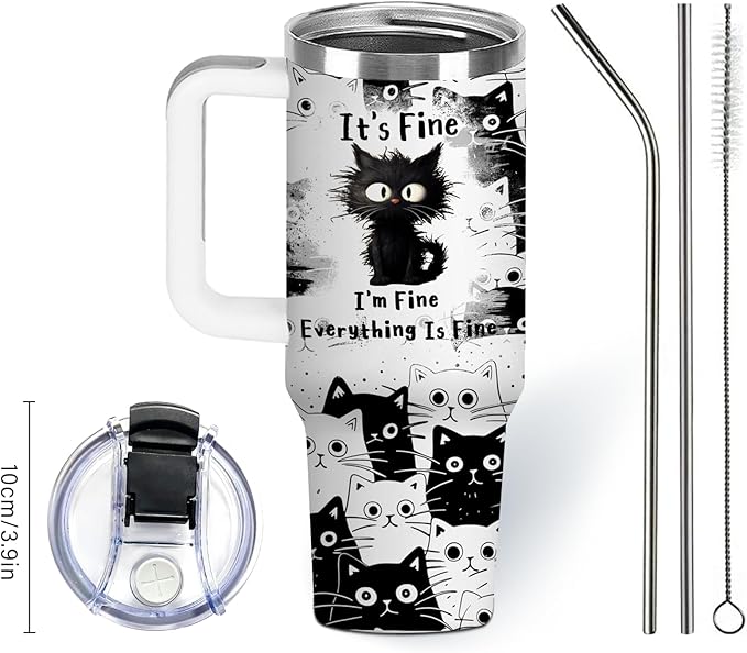 Cat Gifts for Women Girls Funny Black Cat Cup Tumbler with Handle 30oz Everything Is Fine Cats Themed Insulated Travel Coffee Mugs Cool Gifts for Cats Lovers Mom Christmas Birthday Present