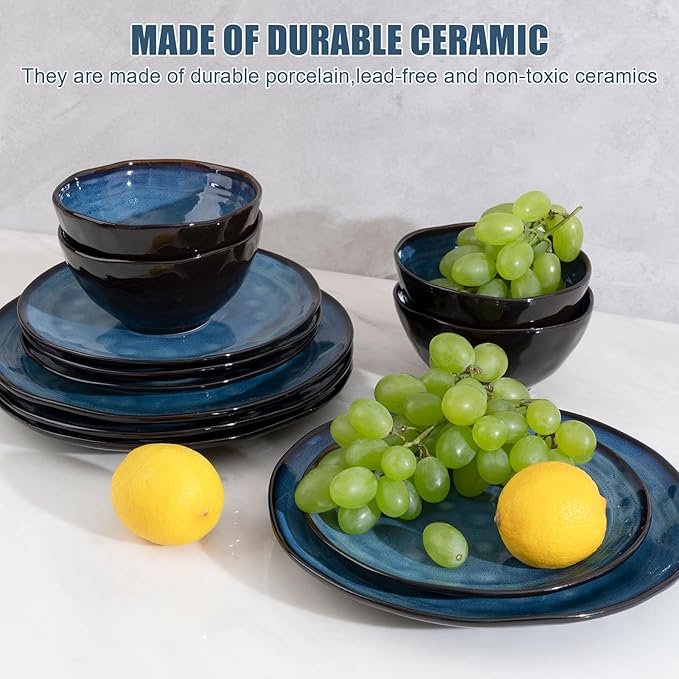 Dinnerware Set Blue 12 Pieces Service for 4, Stoneware Plates and Bowls Set Stoneware Set, Dishwasher Microwave Safe Dishes set