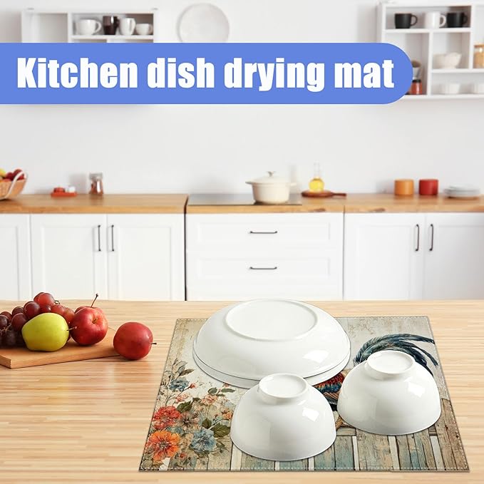 Vintage Rooster Dish Drying Mat for Kitchen Counter Farmhouse Drying Pad Absorbent Reversible Dish Drainer Rack Mats Draining Pad 18"x24"Inch