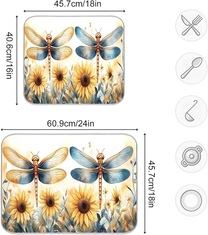 Watercolor Dragonflies Sunflowers Dish Drying Mat for Kitchen Counter Super Absorbent Dishes Pad Reversible Microfiber Protector Dish Draining Mats 16x18 inch