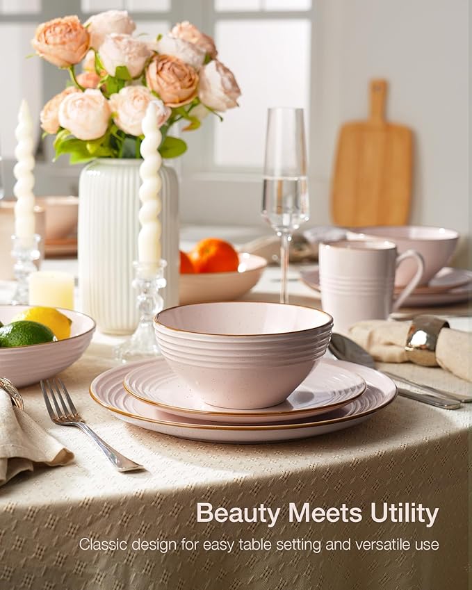 Famiware Jupiter Dinnerware Set, Plates and Bowls Dish Sets for 4 (12 Pieces), Microwave and Dishwasher Safe Stoneware Speckled Tableware, Chip and Scratch Resistant, Light Pink