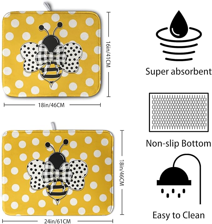 Bee Dish Drying Mat for Kitchen Counter 16x18 Inch Yellow Honey Bees Polka Dots Dishes Pad Cute Bumblebee Dish Draining Microfiber Absorbent Dish Drainer Rack Mat Medium Kitchen Accessories