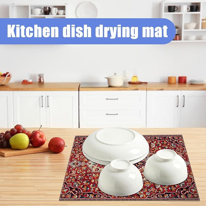 Boho Vintage Ethnic Dish Drying Mat for Kitchen Counter Persian Original Tribal Drying Pad Absorbent Dish Drainer Rack Mats Draining Pad