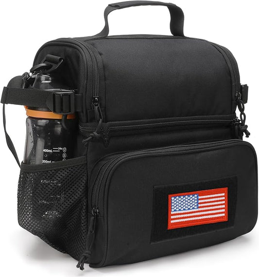 ATRIPACK 2 Compartment Lunch Bag for Men Adult, Tactical Lunch Box Leakproof Insulated Large Cooler Bag for Work with Adjustable Shoulder Strap Flag Double Layer Lunch Pail（Black）