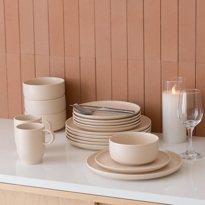 Stoneware Plates and Bowls Set - 12pcs Reactive Glazed Dinnerware Service for 4, Scratch & Chip Resistant (Oat Beige)