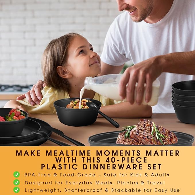 40-Piece Unbreakable Kids Dinnerware Set for Toddlers & Children, BPA-Free & Easy-Clean PP Plates and Bowls, Microwave & Dishwasher Safe, Complete Family Pack (Service for 8)