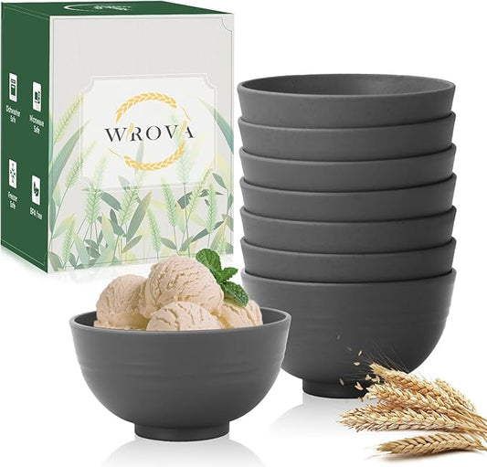Wrova wheat straw small bowls 10oz set of 8 - Unbreakable Dessert Bowls for kids - Mini Bowl Sets for Ice Cream,Snack and Fruits - Microwave & Dishwasher Safe Appetizer Bowls (Deep Grey)
