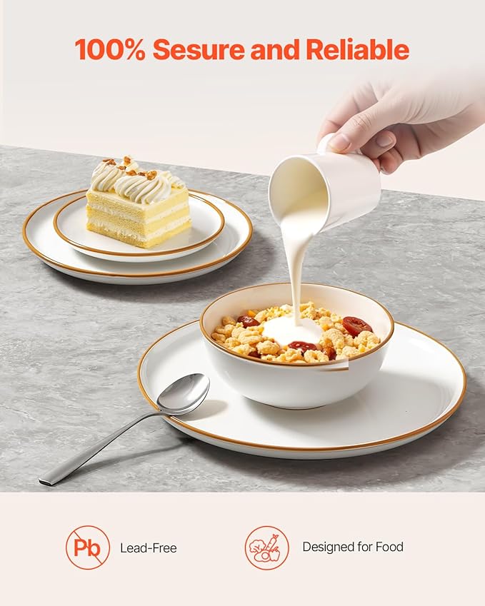 VEVOR Dinnerware Set, Service for 8 (32 PCS), Round Plates and Bowls Sets, Scratch Resistant Ceramic Dinner Ware, Dishwasher and Microwave Suitable Kitchen Dish, for Dessert Salad Soup Pasta, White