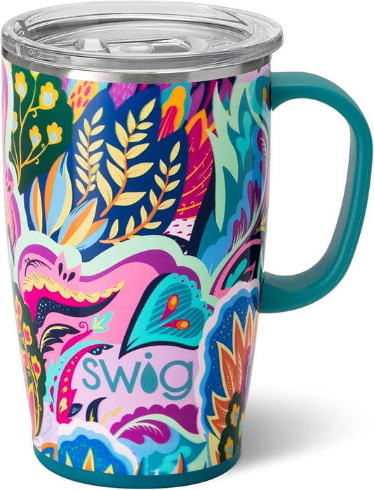 Swig Life 18oz Travel Mug, Insulated Tumbler with Handle and Lid, Cup Holder Friendly, Dishwasher Safe, Stainless Steel, Travel Coffee Cup (Bazaar)