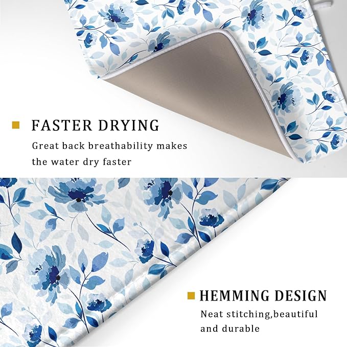 Blue Floral Dish Drying Mat 18x24 inch Flower Leaves Dish Rack Pad Microfiber Washable Dishes Drainer Pad Kitchen Countertop Accessories