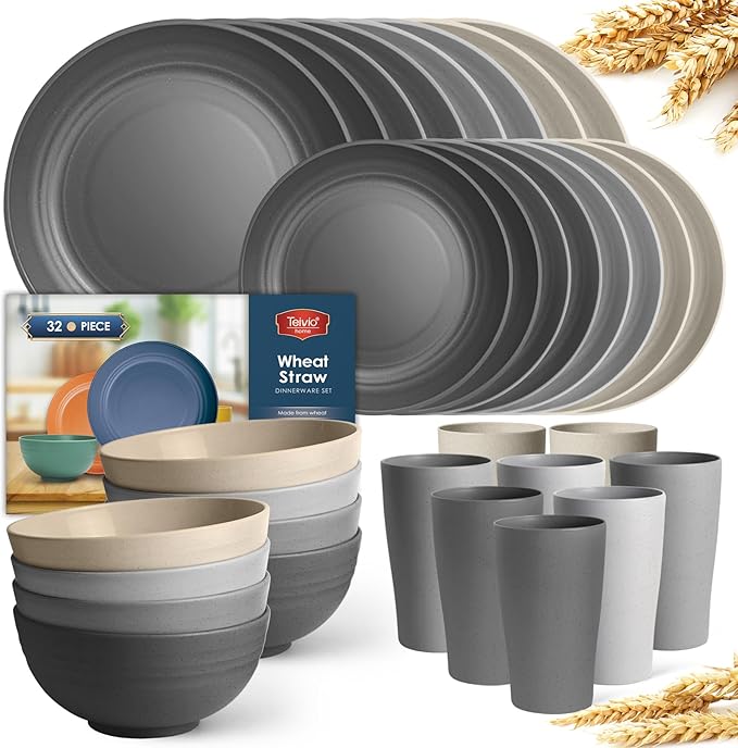 Teivio 32-Piece Kitchen Plastic Wheat Straw Dinnerware Set, Service for 8, Dinner Plates, Dessert Plate, Cereal Bowls, Cups, Unbreakable Colorful Plastic Outdoor Camping Dishes, Gray Stone