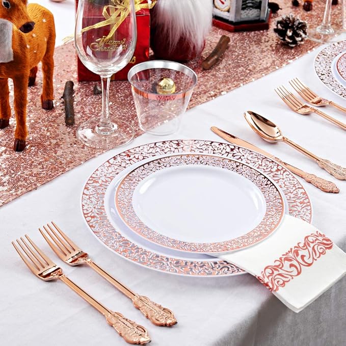 bUCLA 350PCS Rose Gold Plastic Plates With Disposable Silverware & Napkins - Rose Gold Rim Plastic Dinnerware Set Lace Design for Wedding, Party & Mother’s Day