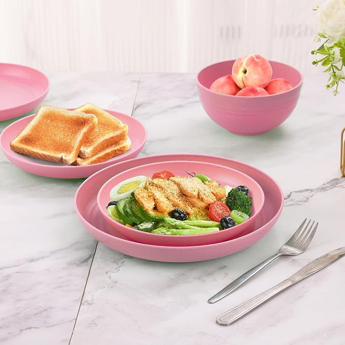 Pink Dinnerware Sets for 8,Pink Plates and Bowls Sets Plastic,Wheat Straw Dinnerware Sets Unbreakable Microwave Safe Lightweight,32 Pcs Christmas Dishes Set for Kids Elderly Kitchen Outdoor