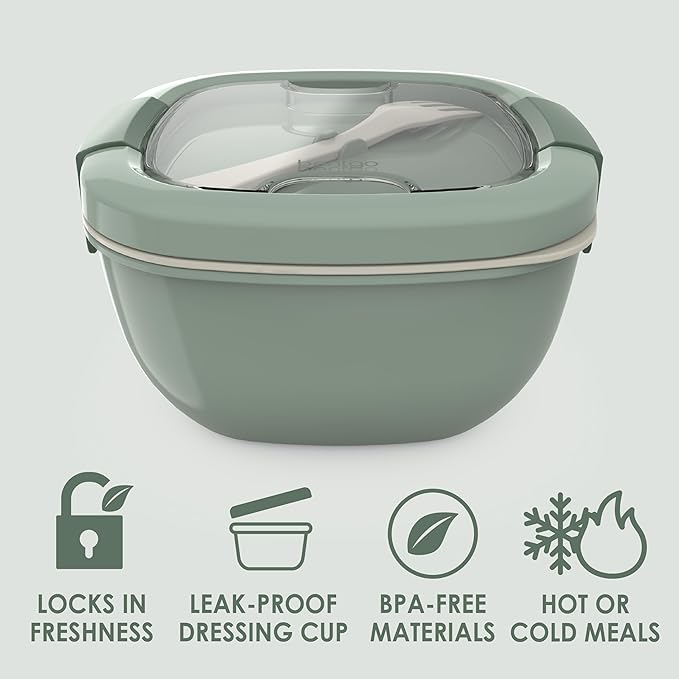 Bentgo Salad Container - 54 oz Bowl with 4-Compartment Toppings Tray, Leak-Proof Dressing Container, Reusable Fork, BPA-Free Lunch Box for Meal Prep & Food Storage; Removable Bento Tray (Khaki Green)