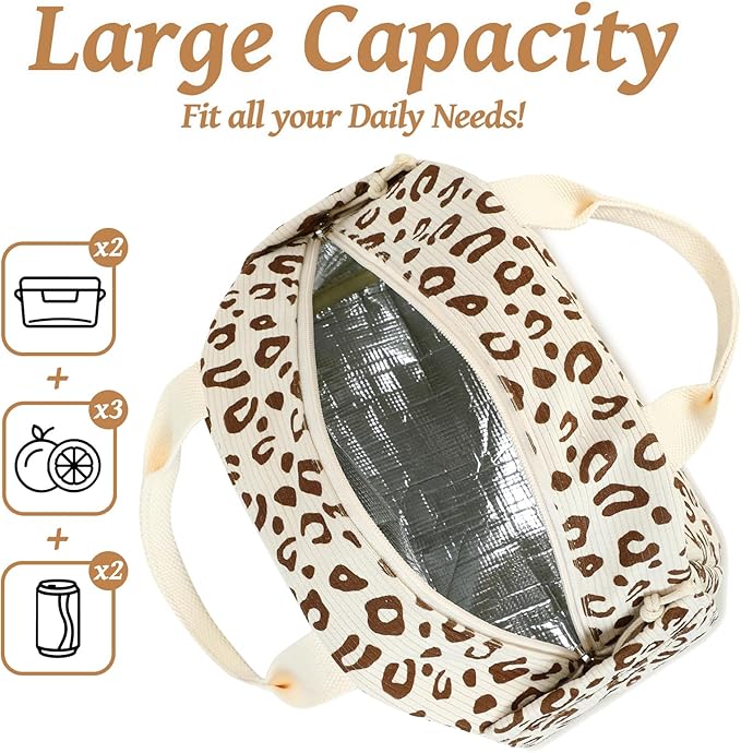 BTOOP Lunch Box for Women Men Cute Corduroy Lunch Bags Large Capacity Insulated Lunch Tote Bag For Work Travel Or Picnic (Beige-Brown-Leopard)